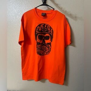 Harley-Davidson Orange Tee with Black 'Live Free' Skull Graphic
